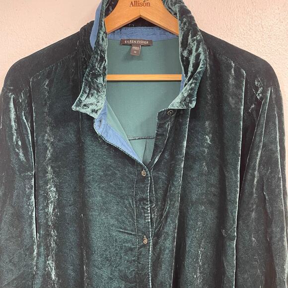 Eileen Fisher Classic Collar Long Sleeve Velvet Shirt SZ 2X Plus Sea Spray Teal - Picture 6 of 16